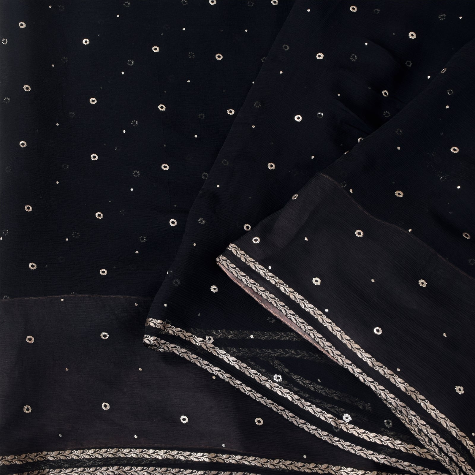 Sanskriti Vintage Saree 100% Pure Chiffon Silk Black Sarees Unique Mukeish Work 6 yard Craft Fabric DIY sewing Indian Wedding Heritage