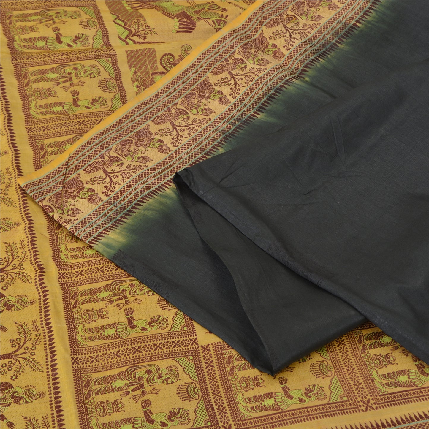 Sanskriti Vintage Black Sarees Pure Silk Baluchari Woven Sari Ethnic 5yrd Sustainable Fabric