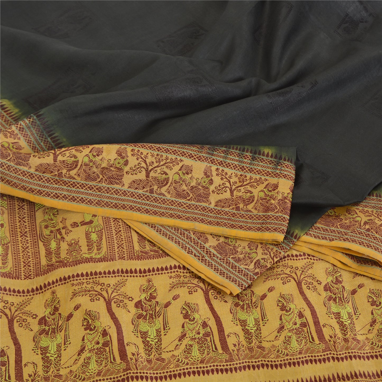 Sanskriti Vintage Black Sarees Pure Silk Baluchari Woven Sari Ethnic 5yrd Sustainable Fabric