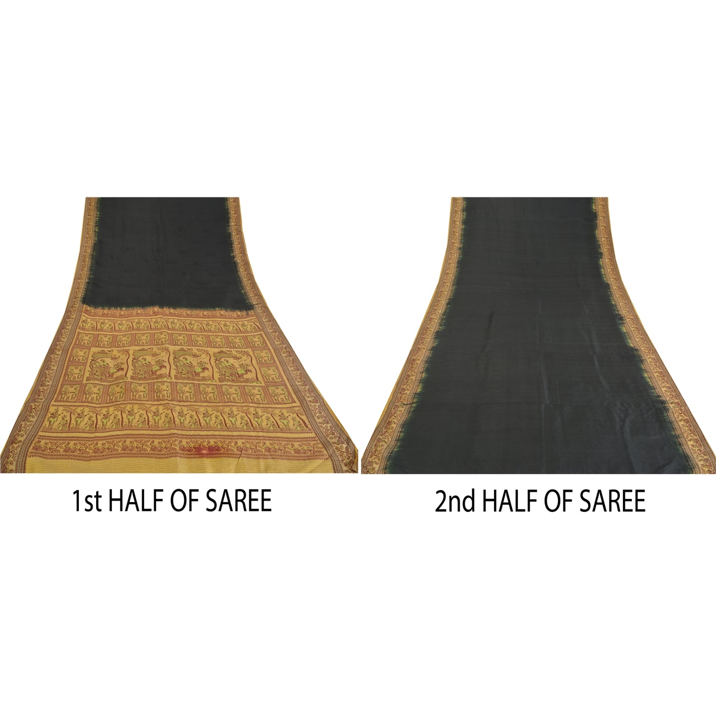 Sanskriti Vintage Black Sarees Pure Silk Baluchari Woven Sari Ethnic 5yrd Sustainable Fabric