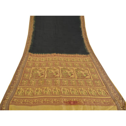 Sanskriti Vintage Black Sarees Pure Silk Baluchari Woven Sari Ethnic 5yrd Sustainable Fabric