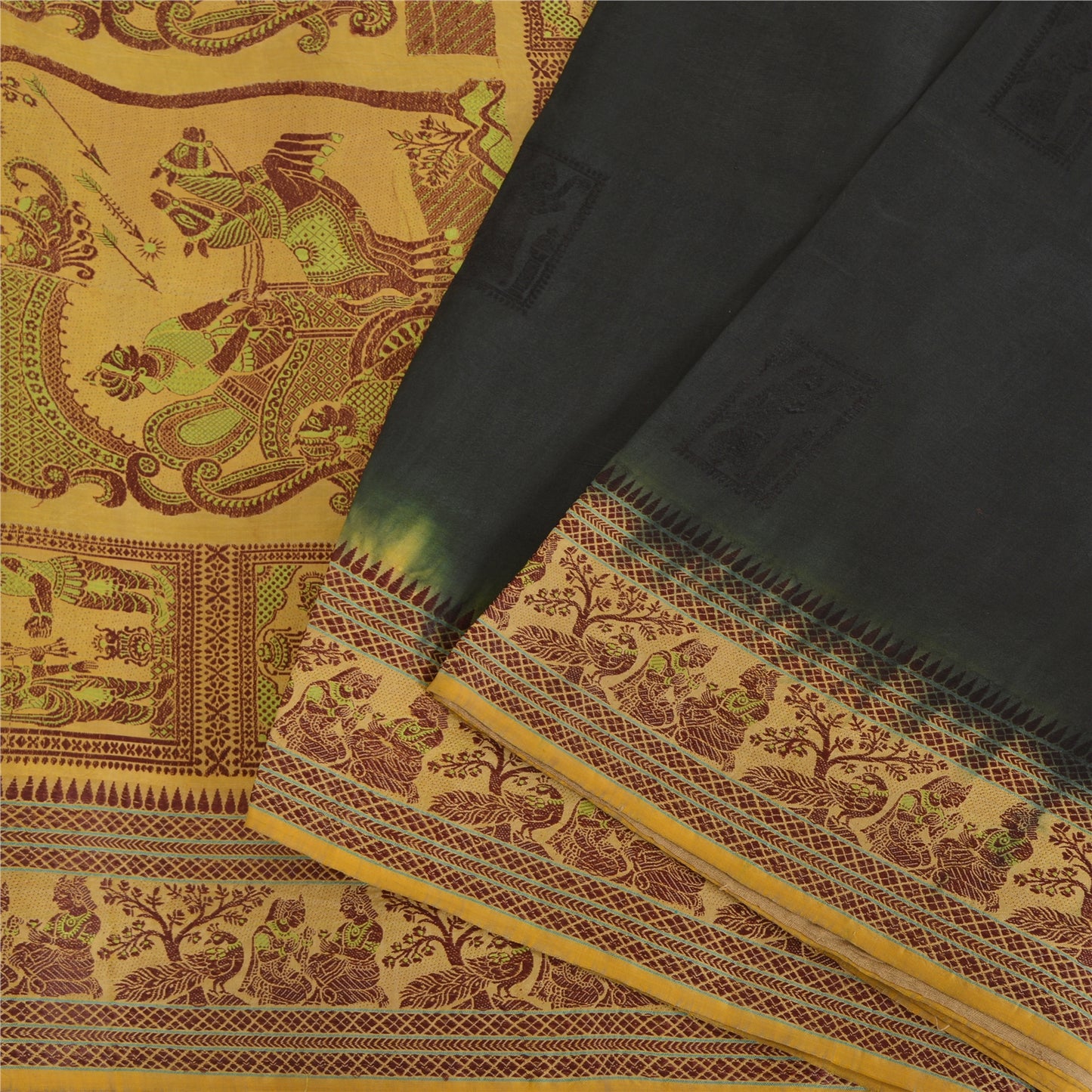 Sanskriti Vintage Black Sarees Pure Silk Baluchari Woven Sari Ethnic 5yrd Sustainable Fabric