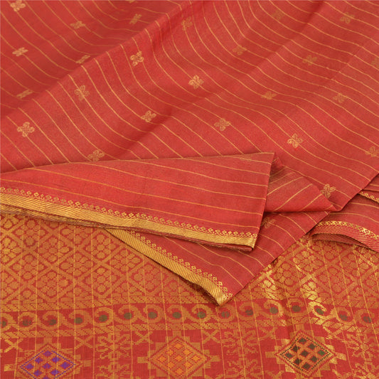 Sanskriti Vintage Red Sarees Pure Silk Brocade/Banarasi Hand Woven Sari Sustainable Fabric