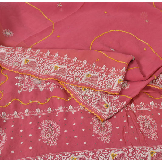 Sanskriti Vintage Pink Sarees Pure Georgette Silk Hand Embroidered Sustainable Fabric Sari