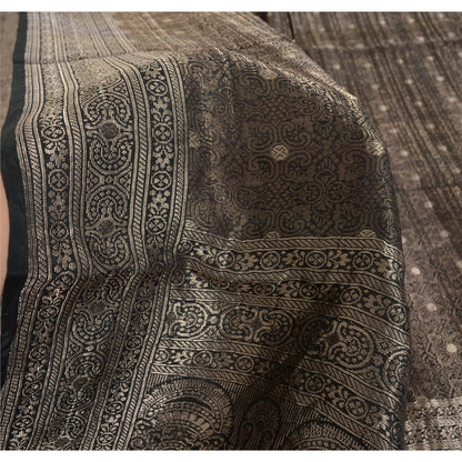 Sanskriti Vintage Black Sarees Pure Silk Brocade Woven Premium Sari Craft Fabric