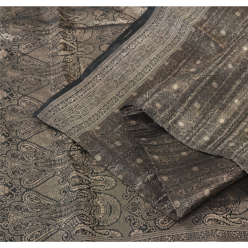 Sanskriti Vintage Black Sarees Pure Silk Brocade Woven Premium Sari Craft Fabric