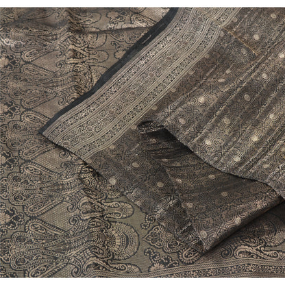 Sanskriti Vintage Black Sarees Pure Silk Brocade Woven Premium Sari Craft Fabric