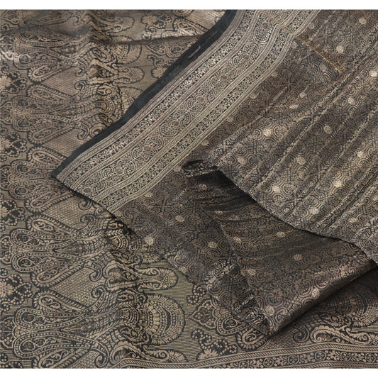 Sanskriti Vintage Black Sarees Pure Silk Brocade Woven Premium Sari Craft Fabric