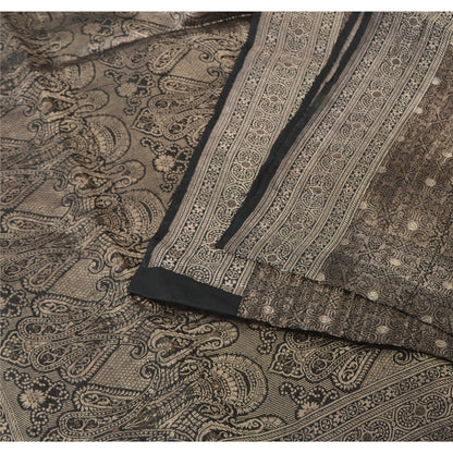 Sanskriti Vintage Black Sarees Pure Silk Brocade Woven Premium Sari Craft Fabric