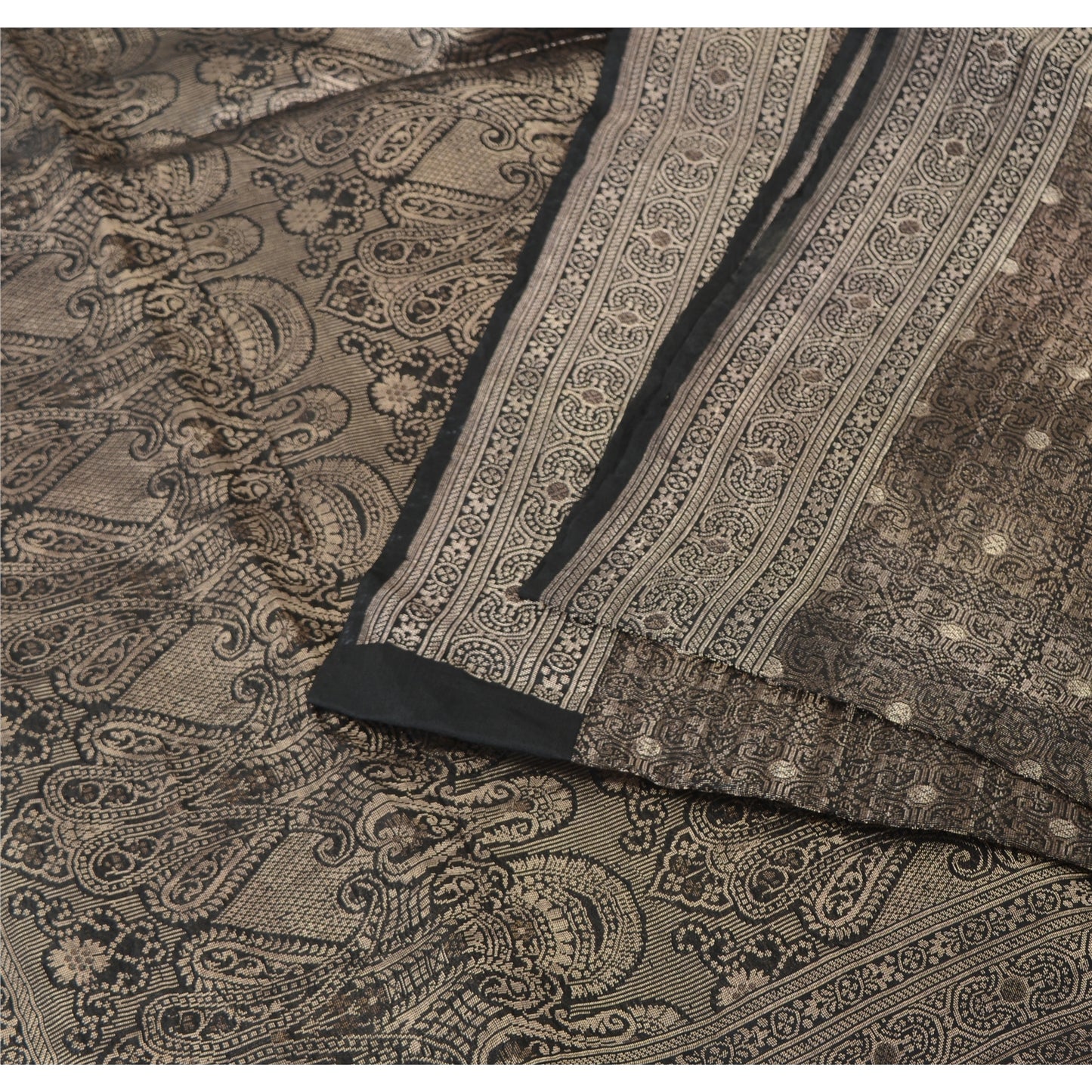 Sanskriti Vintage Black Sarees Pure Silk Brocade Woven Premium Sari Craft Fabric