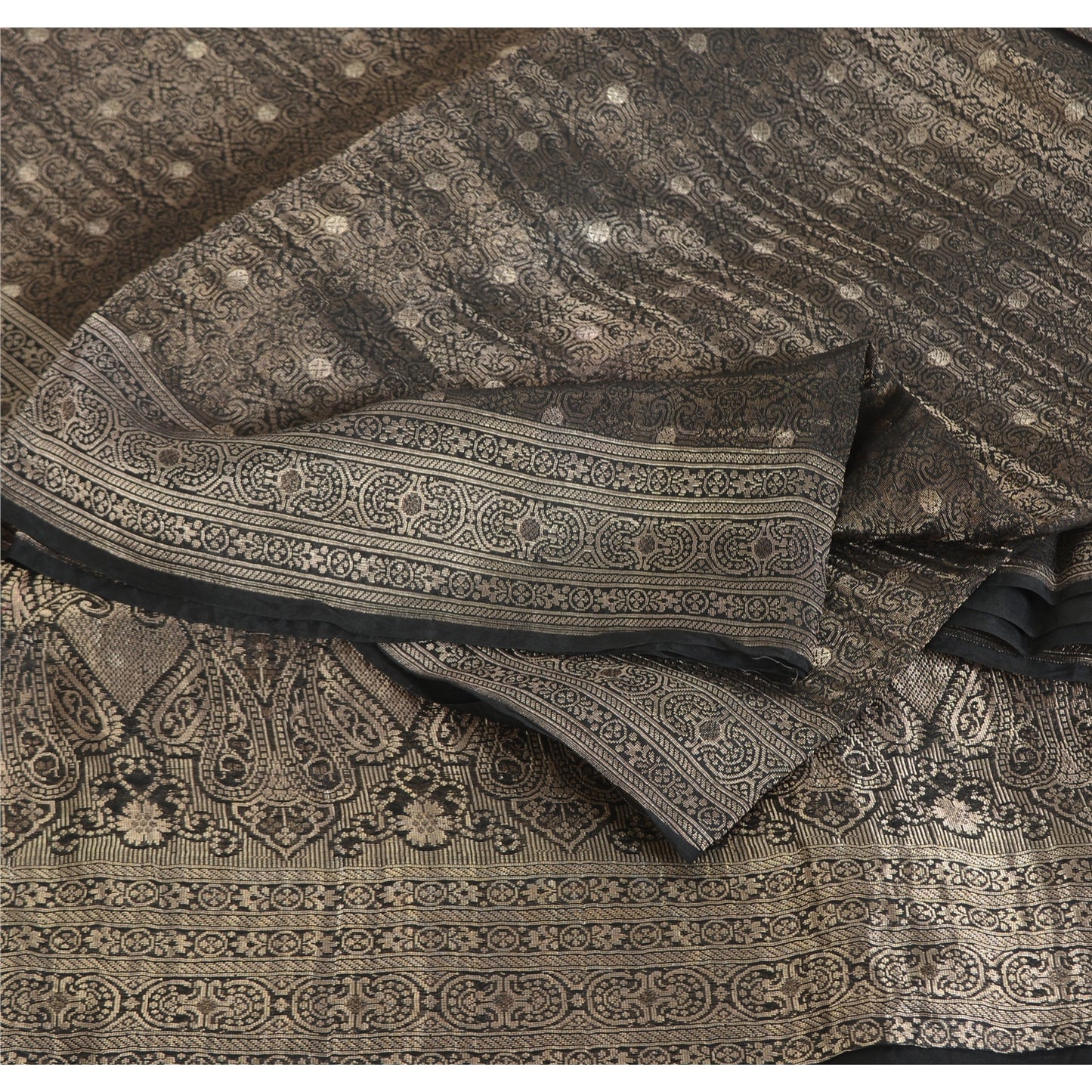 Sanskriti Vintage Black Sarees Pure Silk Brocade Woven Premium Sari Craft Fabric