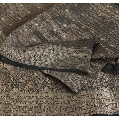 Sanskriti Vintage Black Sarees Pure Silk Brocade Woven Premium Sari Craft Fabric