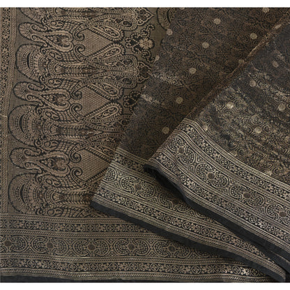 Sanskriti Vintage Black Sarees Pure Silk Brocade Woven Premium Sari Craft Fabric