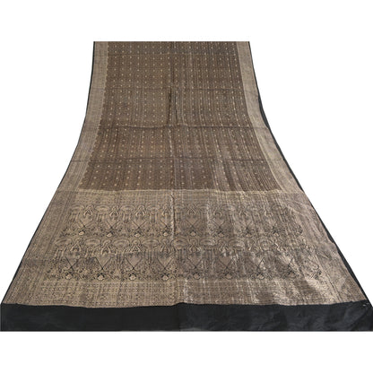 Sanskriti Vintage Black Sarees Pure Silk Brocade Woven Premium Sari Craft Fabric