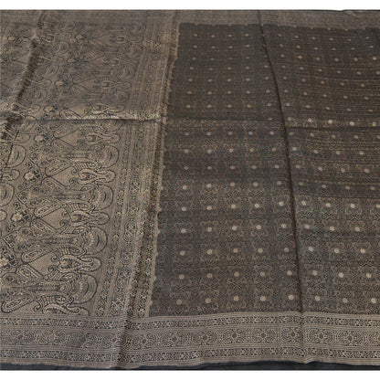Sanskriti Vintage Black Sarees Pure Silk Brocade Woven Premium Sari Craft Fabric