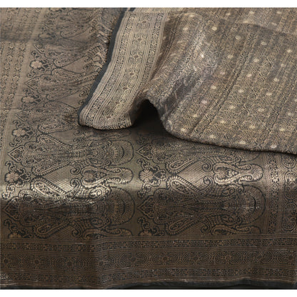 Sanskriti Vintage Black Sarees Pure Silk Brocade Woven Premium Sari Craft Fabric