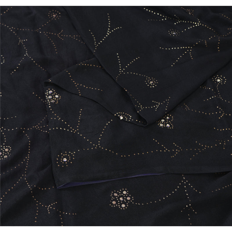 Sanskriti Vintage Saree Black 100% Pure Crepe Silk Embroidered Mukesh Work Sari 5+Yd Craft Fabric Create Dresses, Kaftan, Skirt, Projects