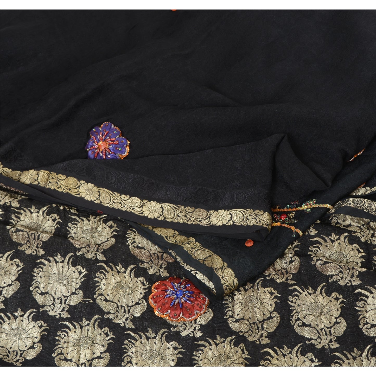 Sanskriti Vintage Indian Black Sarees Pure Silk Hand Beaded Ethnic Sari Sustainable Fabric