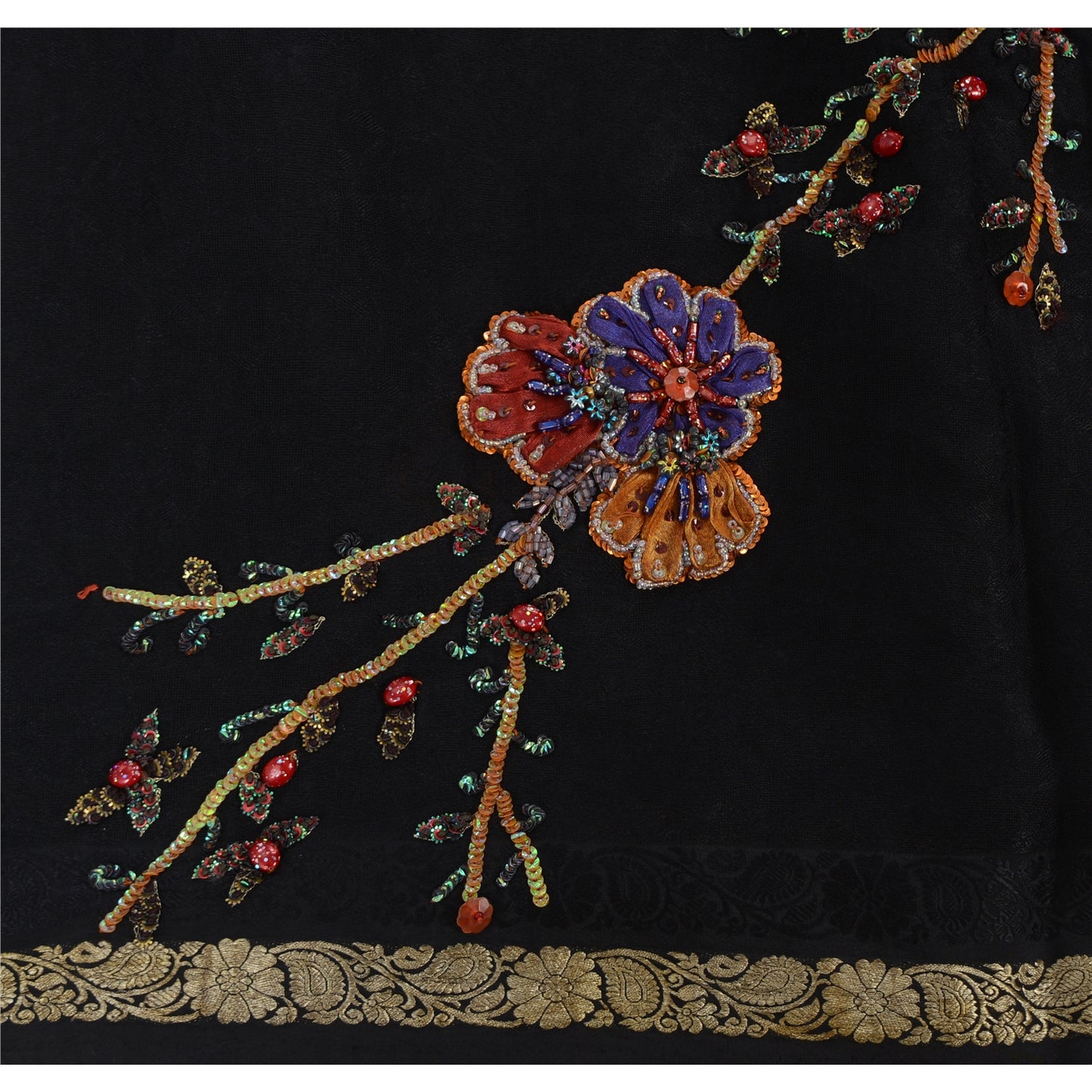 Sanskriti Vintage Indian Black Sarees Pure Silk Hand Beaded Ethnic Sari Sustainable Fabric