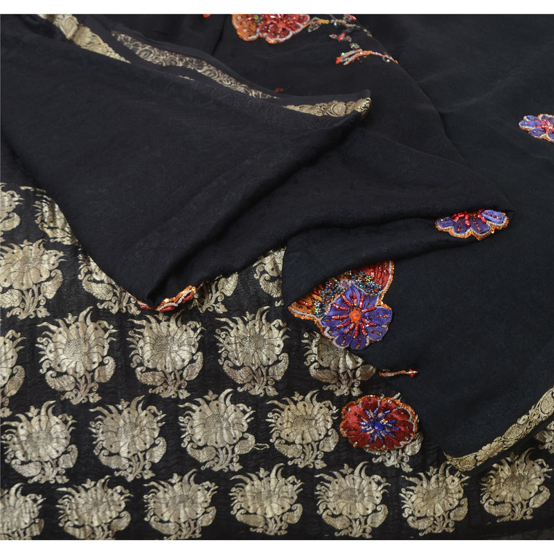 Sanskriti Vintage Saree 100% Pure Silk Indian Black Sarees Hand Beaded Zari Sequins Ethnic 5+yd Craft Fabric-Upcycled Sarongs, Scarves,