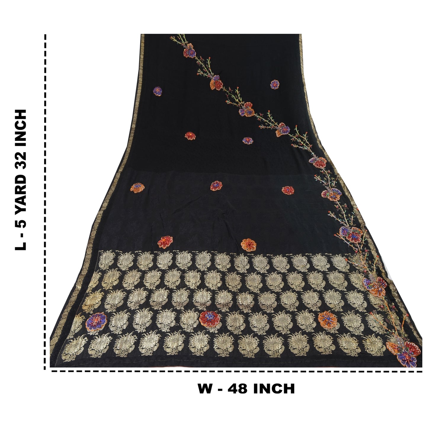 Sanskriti Vintage Indian Black Sarees Pure Silk Hand Beaded Ethnic Sari Sustainable Fabric