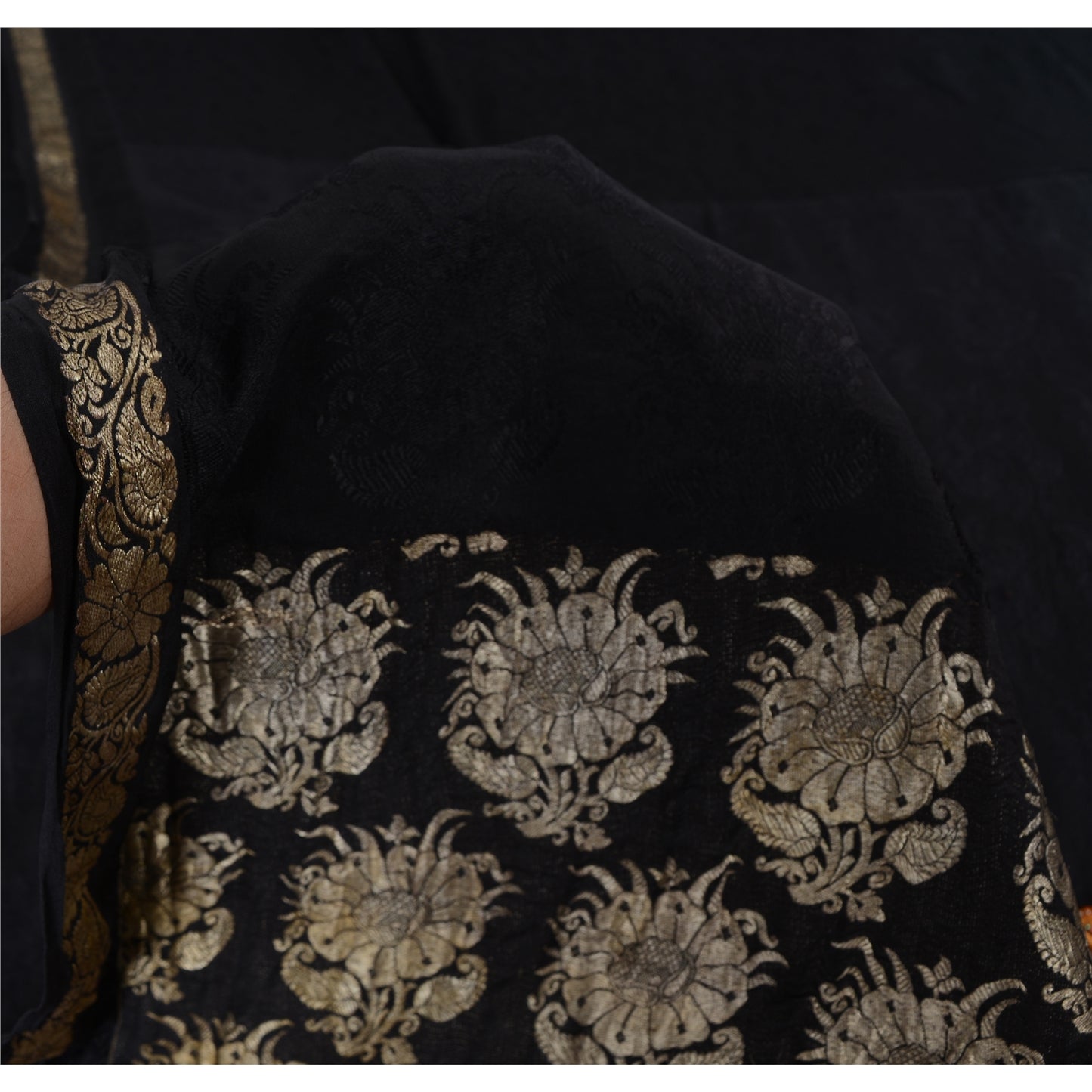 Sanskriti Vintage Indian Black Sarees Pure Silk Hand Beaded Ethnic Sari Sustainable Fabric