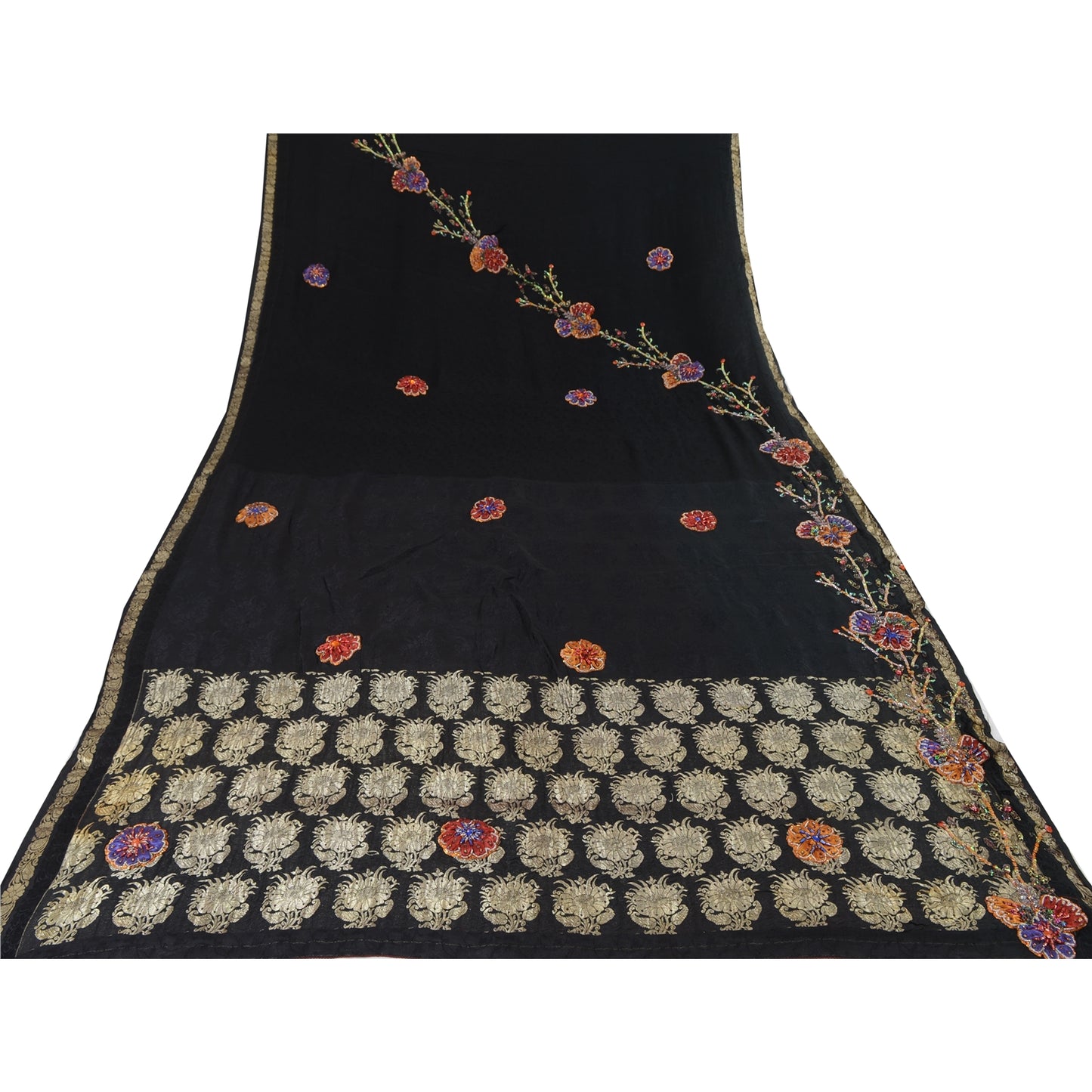 Sanskriti Vintage Indian Black Sarees Pure Silk Hand Beaded Ethnic Sari Sustainable Fabric
