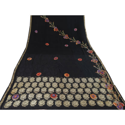 Sanskriti Vintage Indian Black Sarees Pure Silk Hand Beaded Ethnic Sari Sustainable Fabric