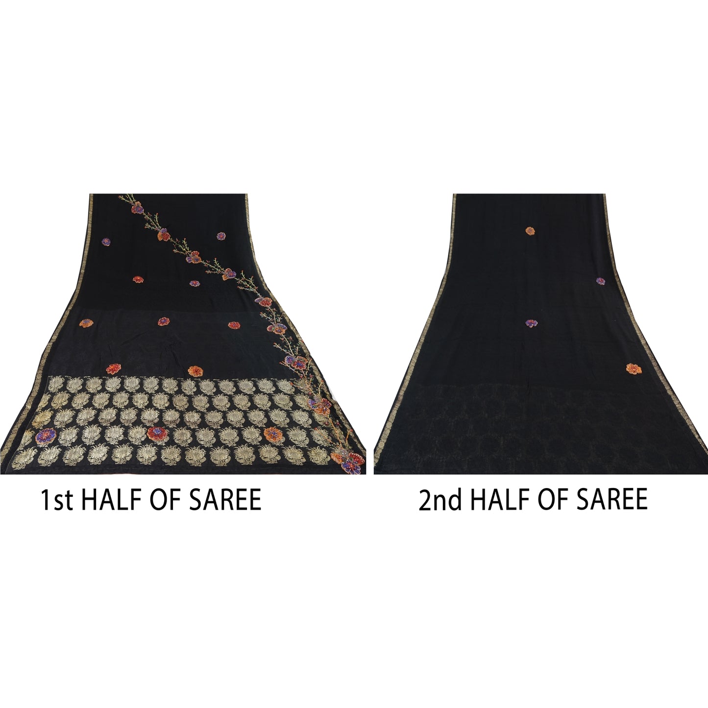 Sanskriti Vintage Indian Black Sarees Pure Silk Hand Beaded Ethnic Sari Sustainable Fabric