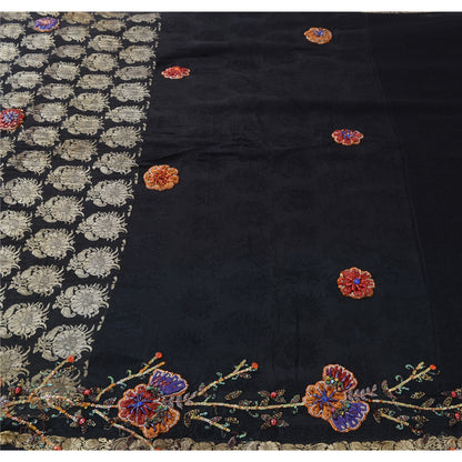 Sanskriti Vintage Indian Black Sarees Pure Silk Hand Beaded Ethnic Sari Sustainable Fabric