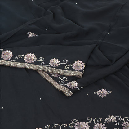 Sanskriti Vintage Black Sarees Pure Silk Hand Beaded Premium Sari Craft Fabric