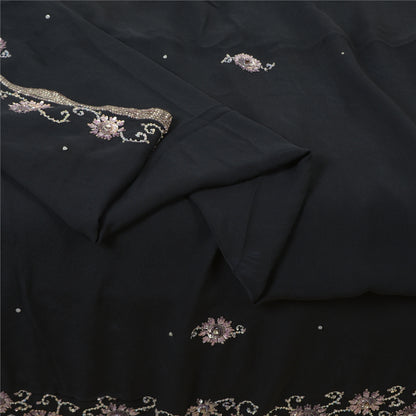 Sanskriti Vintage Black Sarees Pure Silk Hand Beaded Premium Sari Craft Fabric