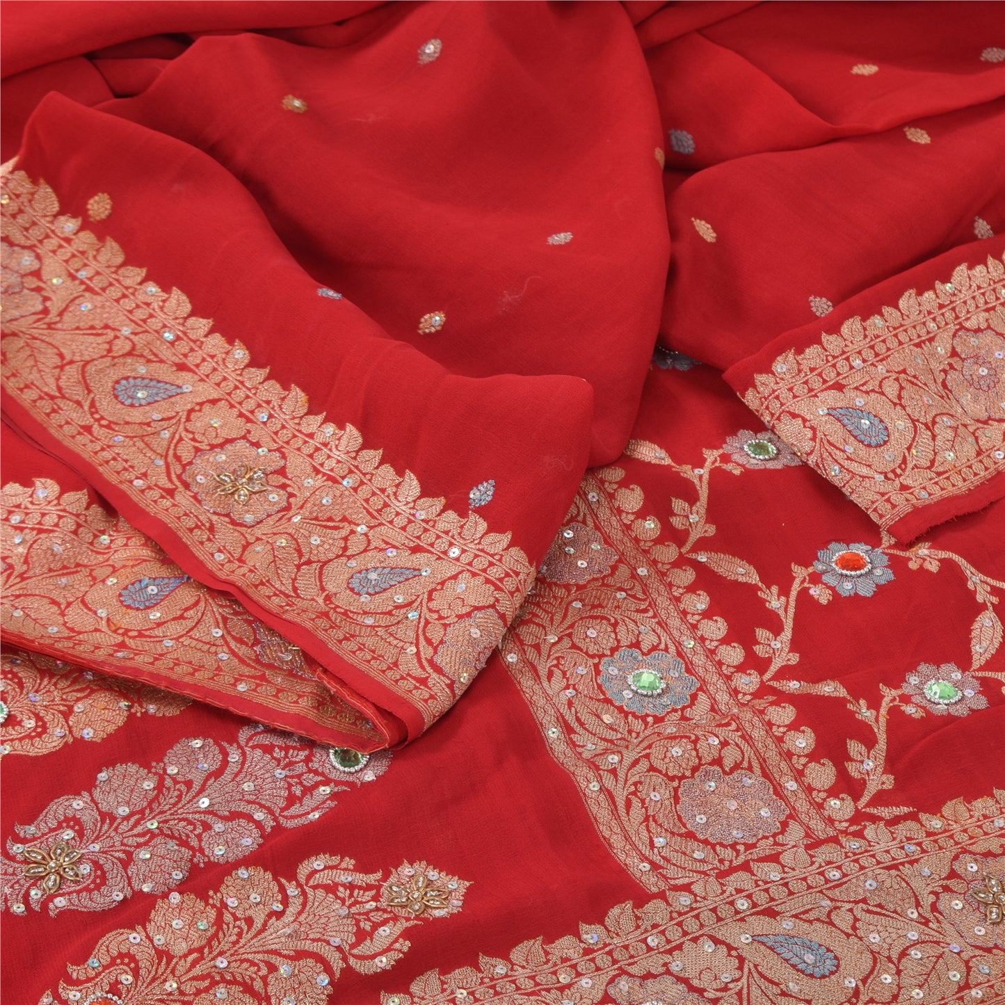 Sanskriti Vintage Red Sarees Pure Georgette Hand Beaded Premium Sari 5yd Sustainable Fabric