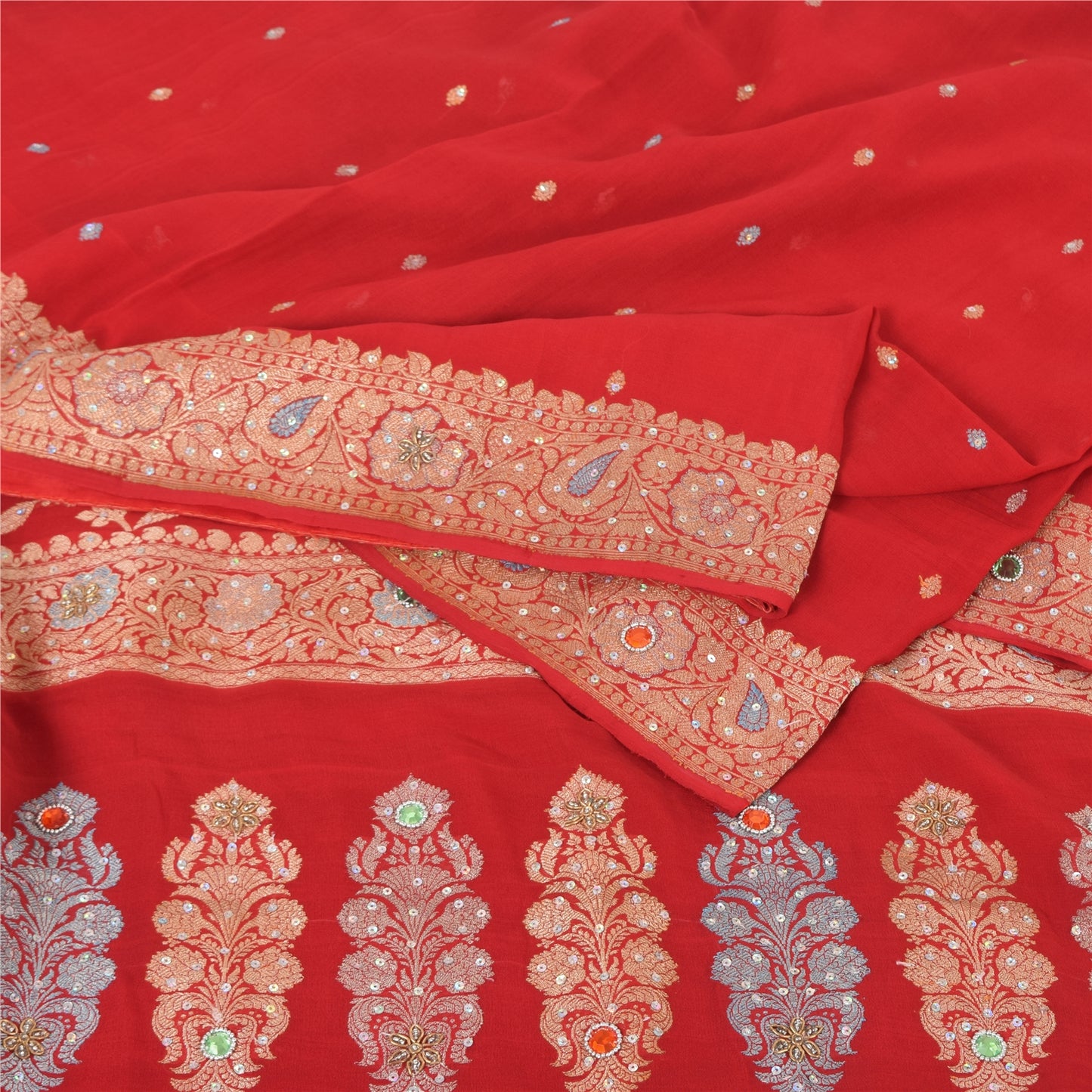 Sanskriti Vintage Red Sarees Pure Georgette Hand Beaded Premium Sari 5yd Sustainable Fabric