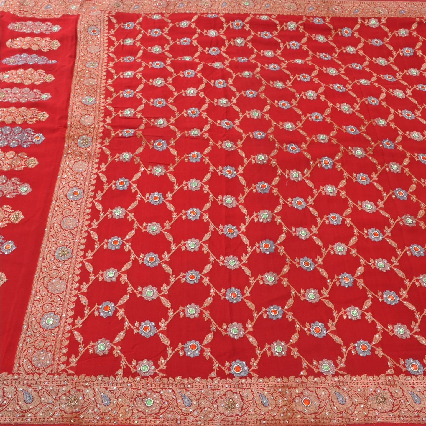 Sanskriti Vintage Red Sarees Pure Georgette Hand Beaded Premium Sari 5yd Sustainable Fabric