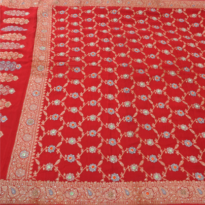 Sanskriti Vintage Red Sarees Pure Georgette Hand Beaded Premium Sari 5yd Sustainable Fabric
