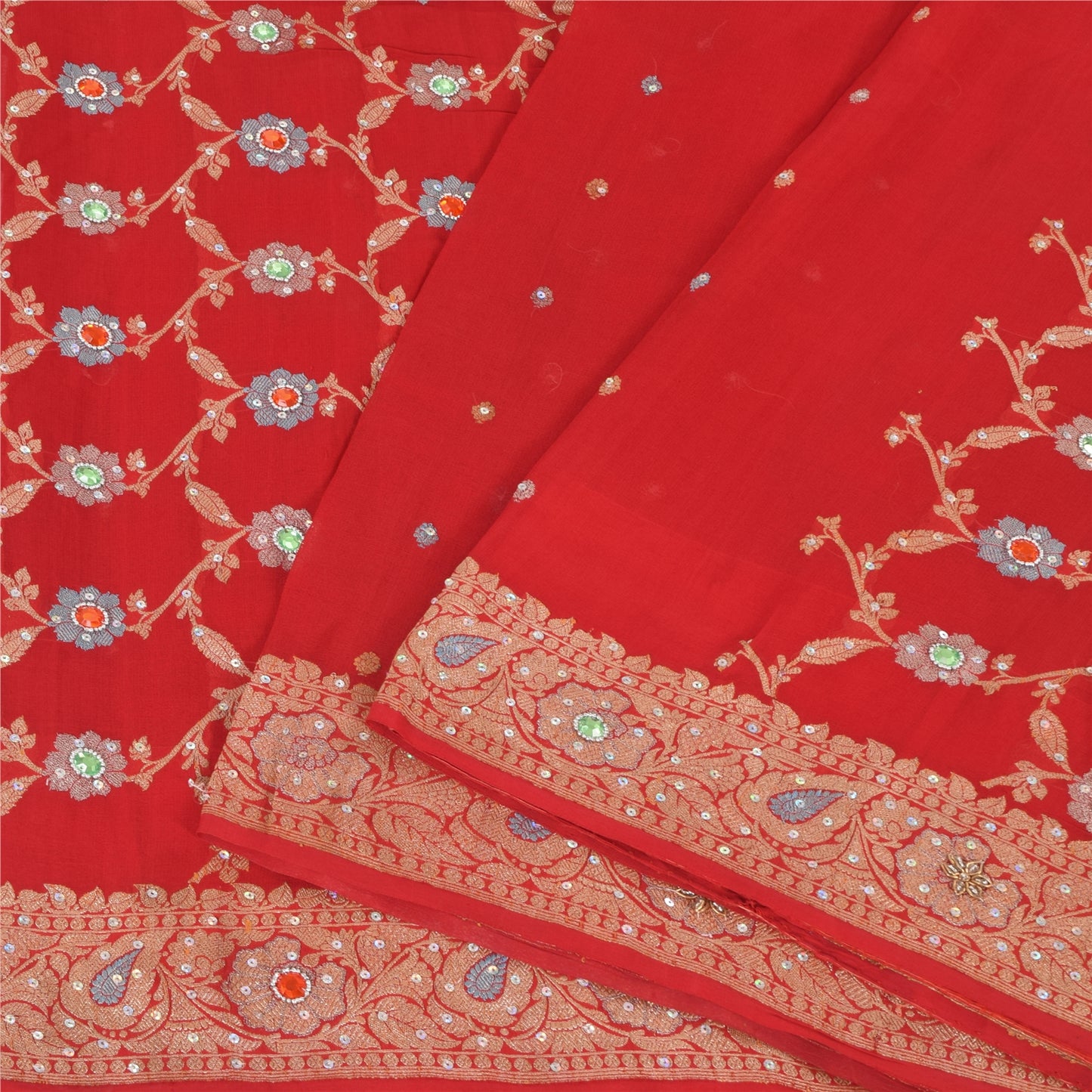 Sanskriti Vintage Red Sarees Pure Georgette Hand Beaded Premium Sari 5yd Sustainable Fabric