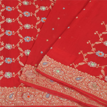 Sanskriti Vintage Red Sarees Pure Georgette Hand Beaded Premium Sari 5yd Sustainable Fabric