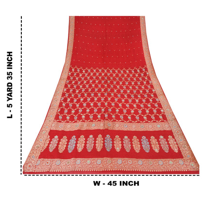 Sanskriti Vintage Red Sarees Pure Georgette Hand Beaded Premium Sari 5yd Sustainable Fabric