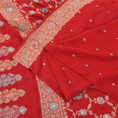 Sanskriti Vintage Red Sarees Pure Georgette Hand Beaded Premium Sari 5yd Sustainable Fabric
