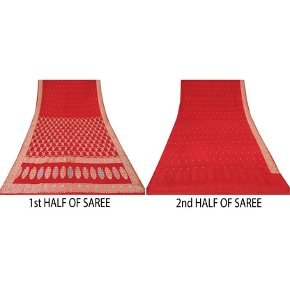 Sanskriti Vintage Red Sarees Pure Georgette Hand Beaded Premium Sari 5yd Sustainable Fabric