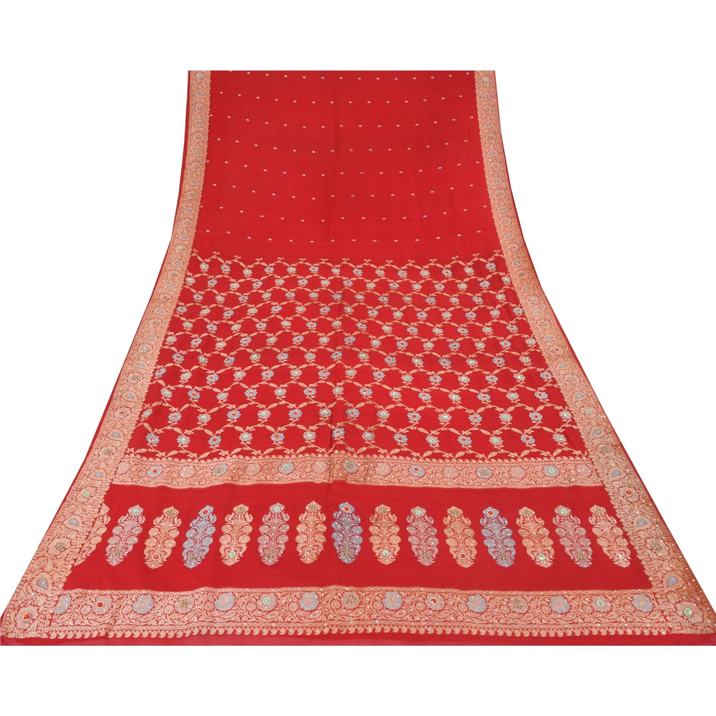 Sanskriti Vintage Red Sarees Pure Georgette Hand Beaded Premium Sari 5yd Sustainable Fabric
