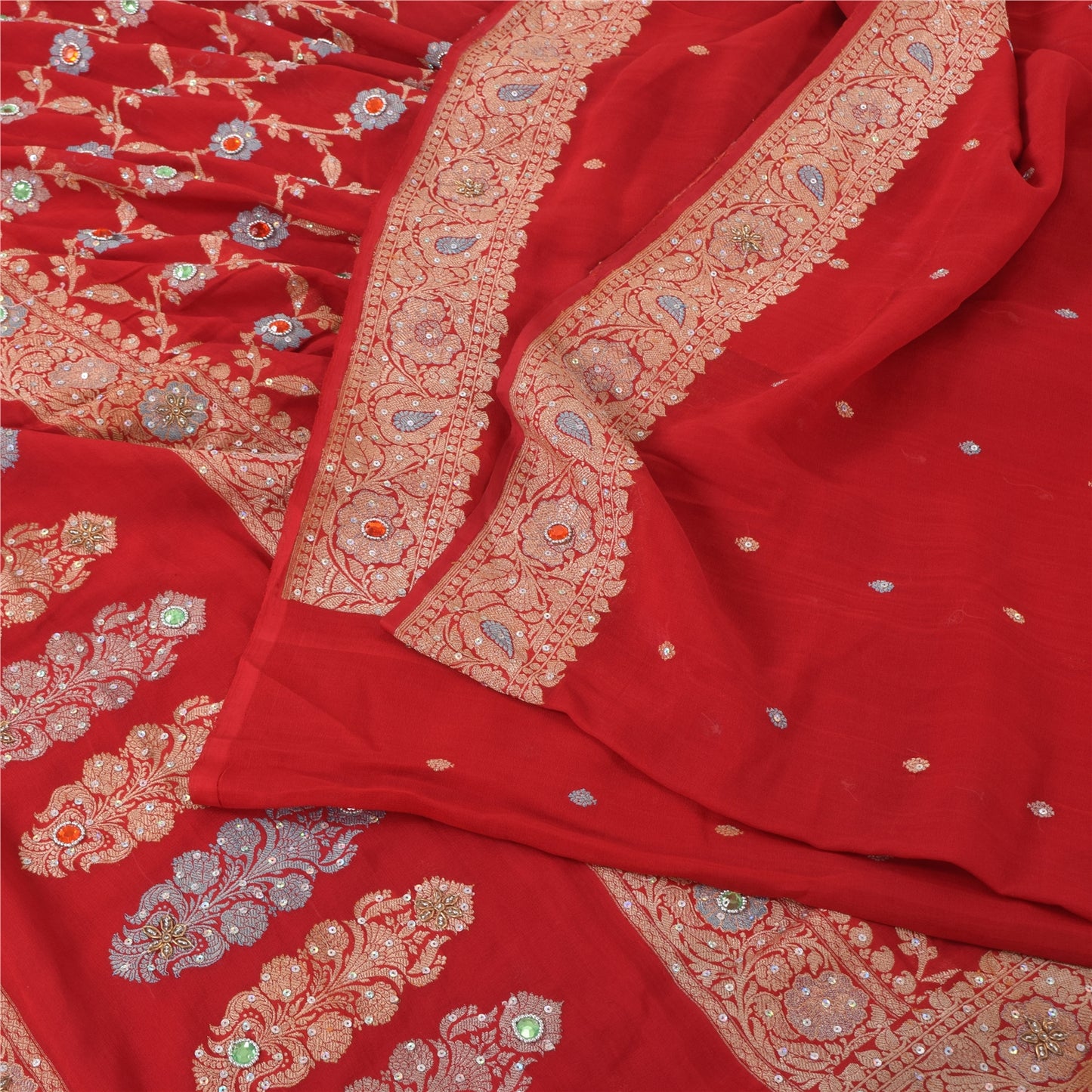 Sanskriti Vintage Red Sarees Pure Georgette Hand Beaded Premium Sari 5yd Sustainable Fabric