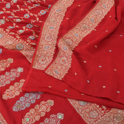 Sanskriti Vintage Red Sarees Pure Georgette Hand Beaded Premium Sari 5yd Sustainable Fabric