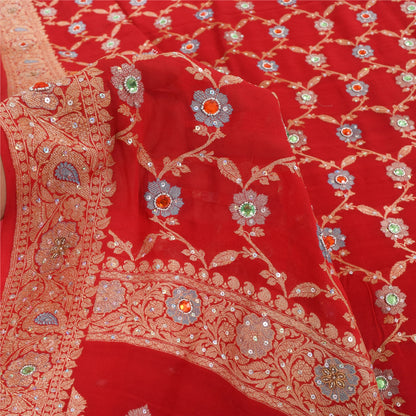 Sanskriti Vintage Red Sarees Pure Georgette Hand Beaded Premium Sari 5yd Sustainable Fabric