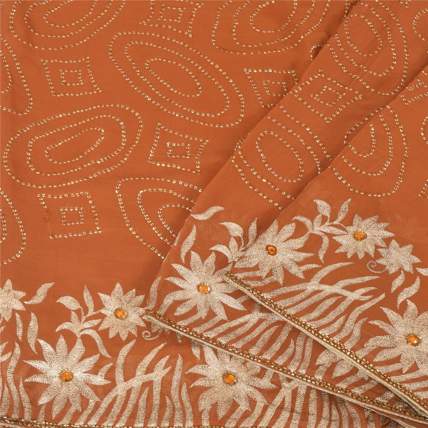 Sanskriti Vintage Rust Sarees Pure Georgette Hand Beaded Premium Sari 5yd Sustainable Fabric