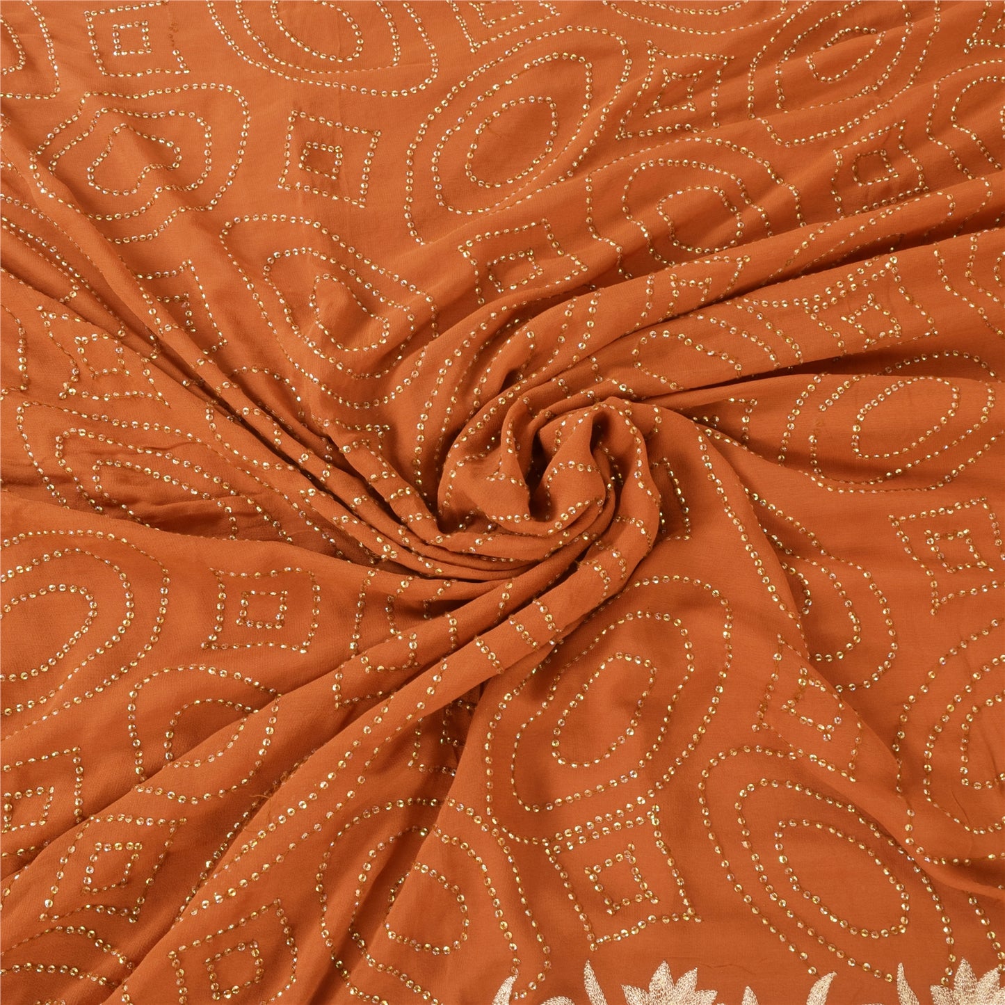 Sanskriti Vintage Rust Sarees Pure Georgette Hand Beaded Premium Sari 5yd Sustainable Fabric