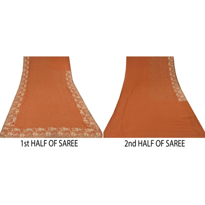 Sanskriti Vintage Rust Sarees Pure Georgette Hand Beaded Premium Sari 5yd Sustainable Fabric