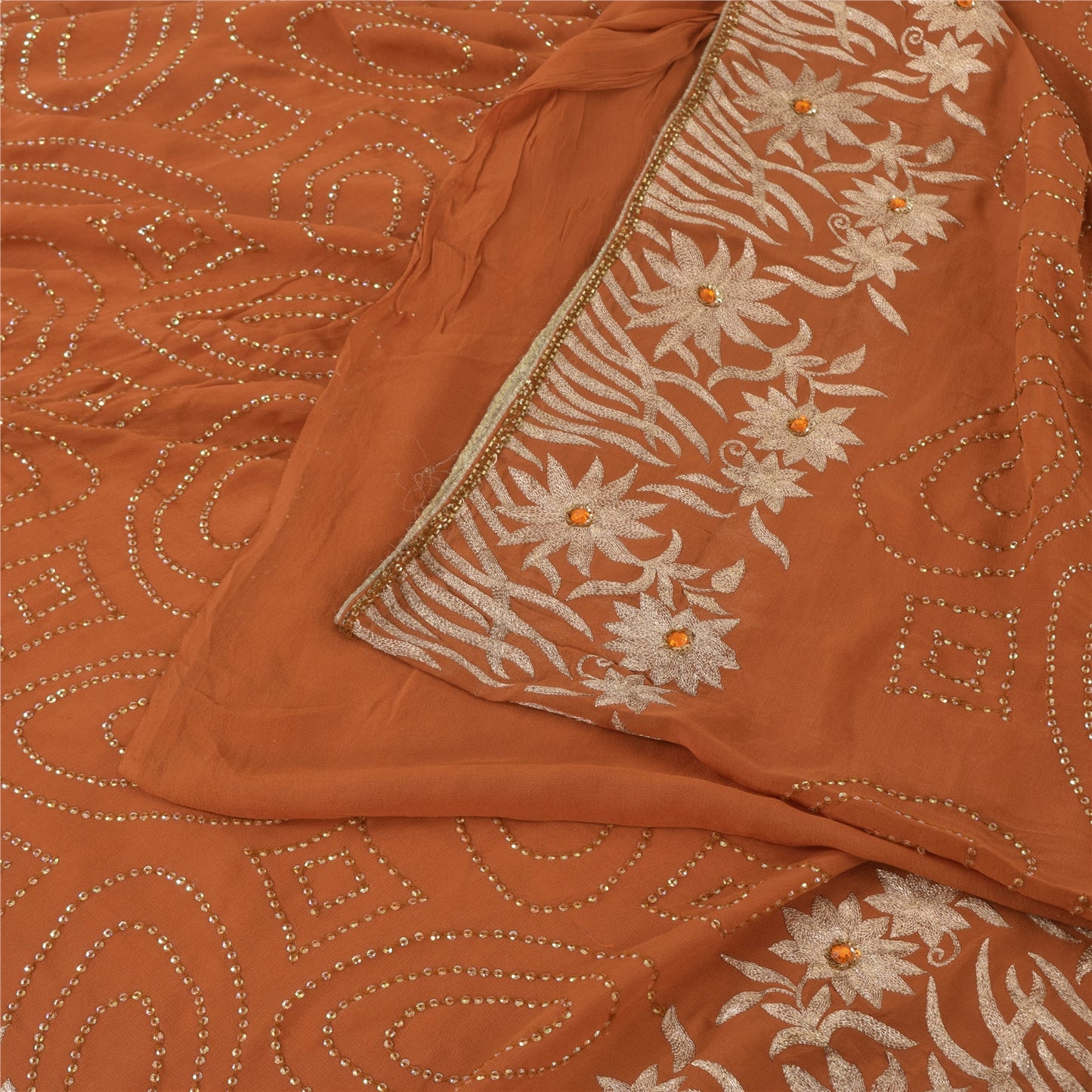 Sanskriti Vintage Rust Sarees Pure Georgette Hand Beaded Premium Sari 5yd Sustainable Fabric