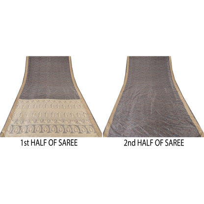 Sanskriti Vintage Indian Gray Sarees Pure Silk Woven Printed Sari Craft Sustainable Fabric